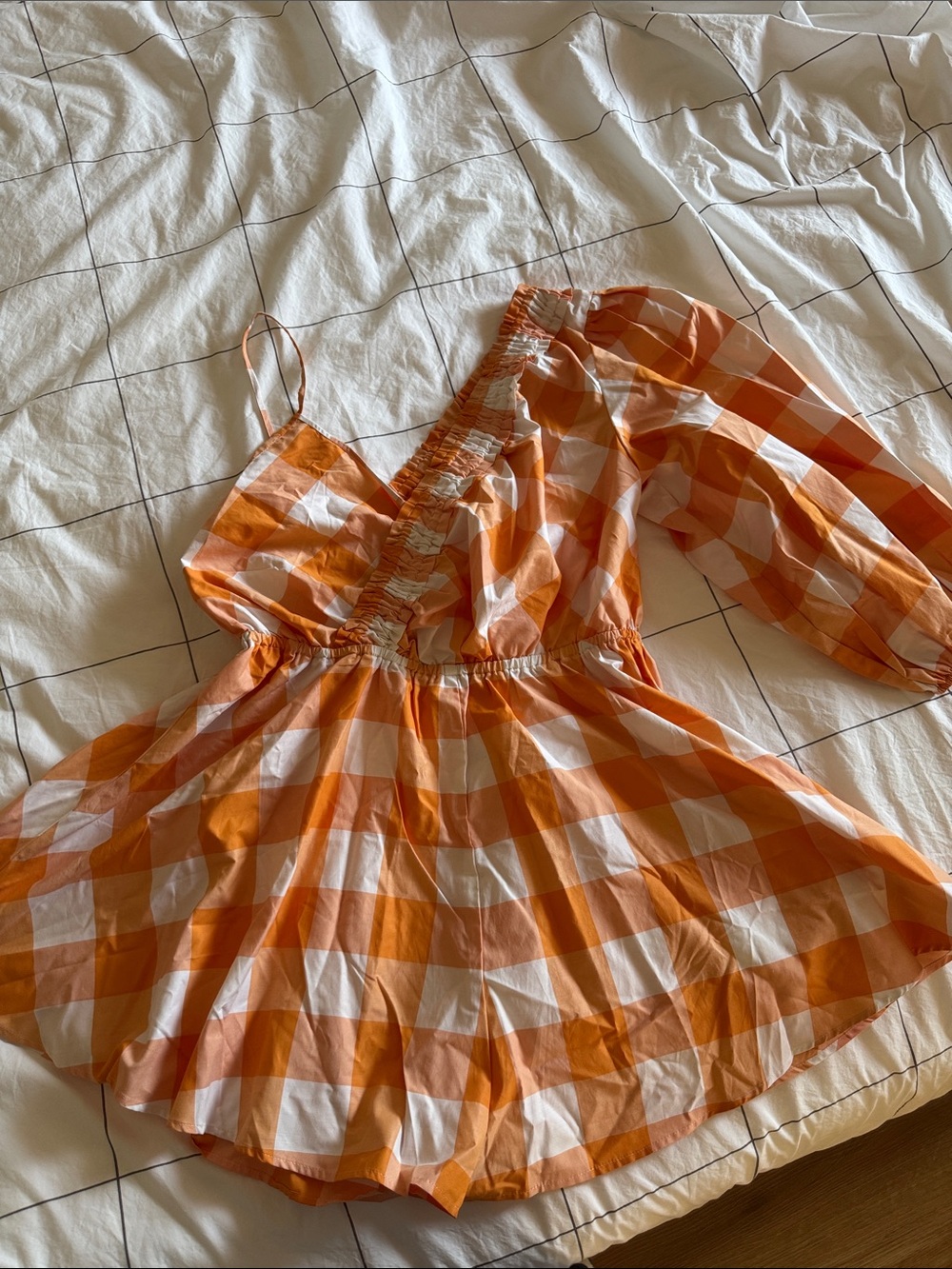 SUNDRESS One-Shoulder Orange Gingham Romper with Elastic Waist
